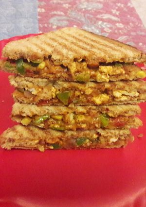 A picture of Corn.Capsicum.Cottage Cheese.Hung curd Sandwitch.