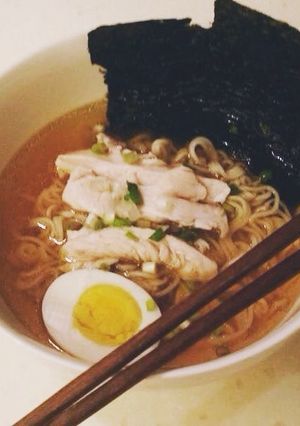 A picture of Shoyu ramen with boiled chicken.