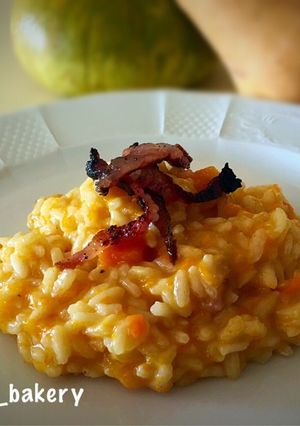 A picture of Pumpkin Risotto with Crispy Bacon.