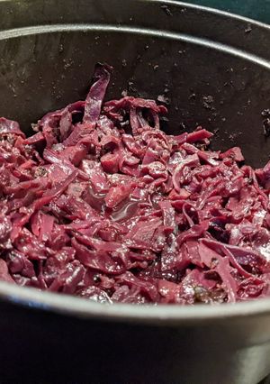 A picture of Red cabbage with port, prunes, & orange.