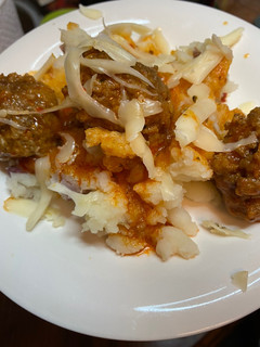 A picture of Buffalo Ranch Meatballs and blue cheese mashed potatoes.