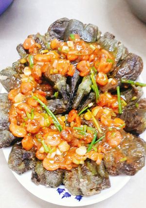 Hình của món Cà non chiên bột sauce tôm khô.