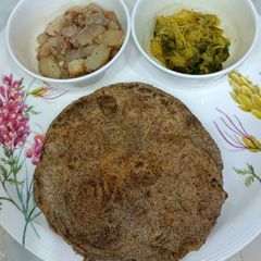 A picture of Kuttu Atta Ka Paratha with kaddu and Singhade ki sabji.