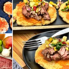 A picture of Fullblood Wagyu Top Round Steak with Salsa and Cheese Pupusas.