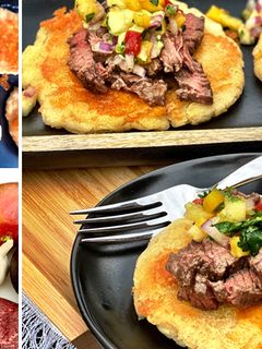 A picture of Fullblood Wagyu Top Round Steak with Salsa and Cheese Pupusas.