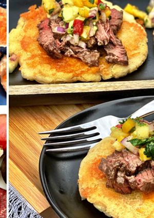 A picture of Fullblood Wagyu Top Round Steak with Salsa and Cheese Pupusas.
