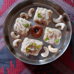 A picture of Janmashtami special coconut sooji barfi.