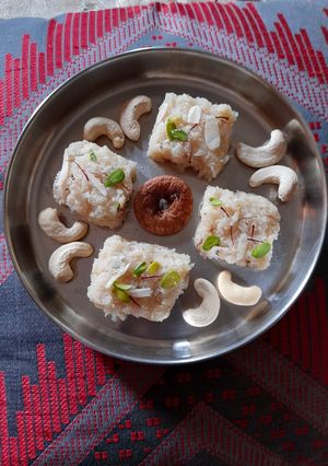 A picture of Janmashtami special coconut sooji barfi.