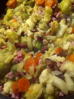A picture of Bacon and vegetables.