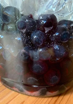A picture of Sloe-boshi (a sacreligious seasonal version of umeboshi).