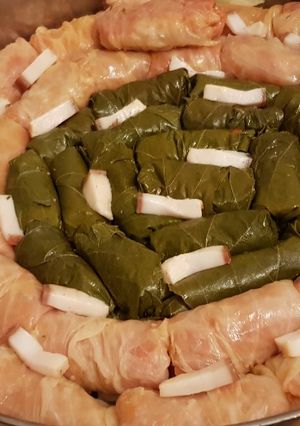 O poză a rețetei Sarmale cu carne tocată de pui și vită în foi de viță și foi de varză murată, la cuptor.