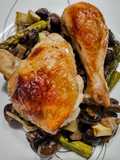 Chicken, mushroom, asparagus and leek tray bake