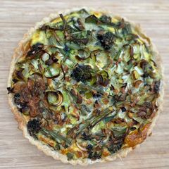 Quiche with smoked mozzarella and purple sprouting broccoli A picture of Quiche with smoked mozzarella and purple sprouting broccoli.