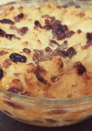 A picture of Bread pudding with Sultanas,.