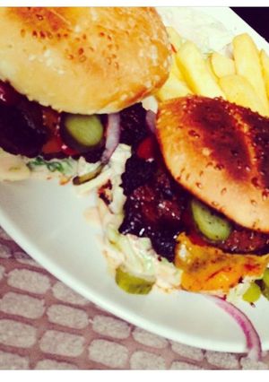 A picture of Home made beef burgers.