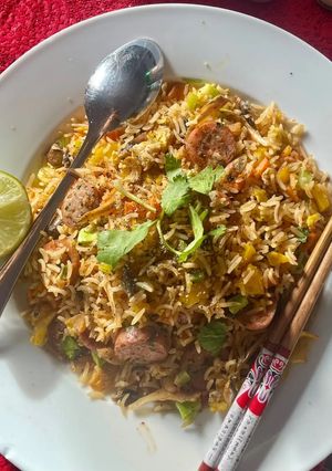 A picture of Basmati Fried Rice with Crab Fat, Sausage, and Dried Fish.