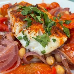 A picture of Smokey Cod, Tomato and Chickpea Tray Bake.