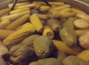Una foto de Chayotes, papas y elotes cocidos con epazote a la mexicana