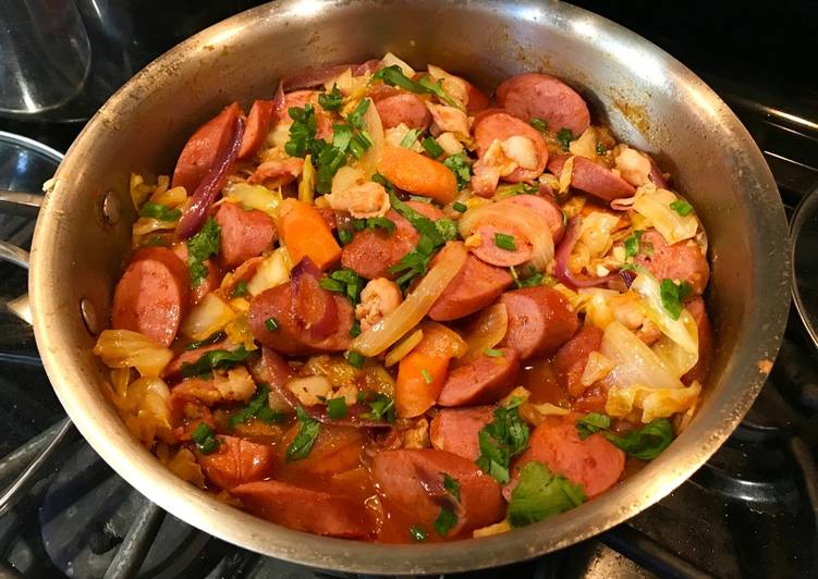 Steps to Make Perfect Super Easy Smoked Sausage & Cabbage in Salsa