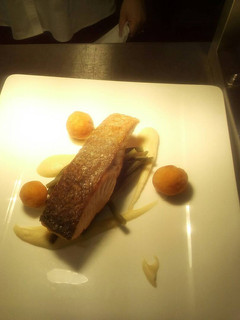 A picture of Salmon, pomme douphines celeriac puree, green breans.
