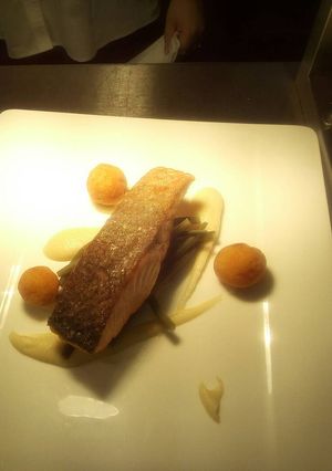 A picture of Salmon, pomme douphines celeriac puree, green breans.