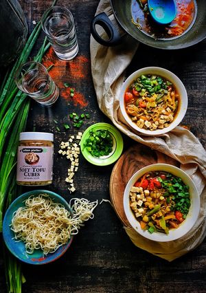 A picture of Soft Tofu Cubes Vegetable Thukpa.