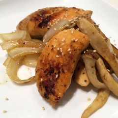 A picture of Sauted Salmon with Mushroom and Onion.