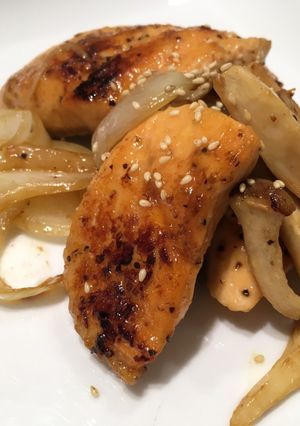 A picture of Sauted Salmon with Mushroom and Onion.