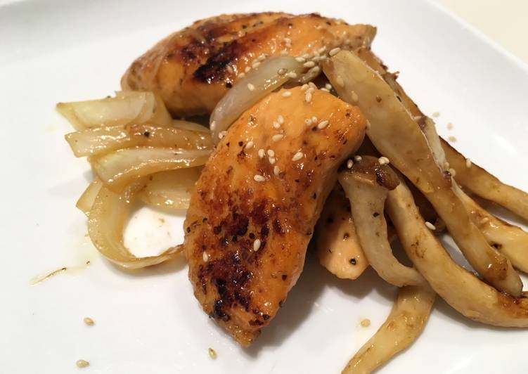 Simple Way to Prepare Homemade Sauted Salmon with Mushroom and Onion