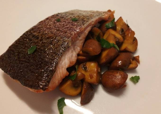 Oven roasted rainbow trout with saffron mushrooms