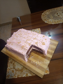 A picture of Chocolate Slab cake with strawberry frosting.
