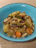 Wok de pollo con verduras al cava con pimienta de Sichuan