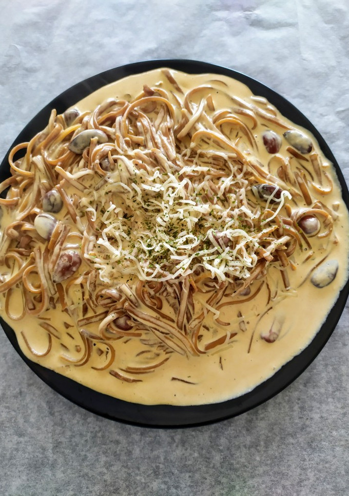 Una foto de Tallarines con salsa de soja y nata. "Cocina de aprovechamiento"