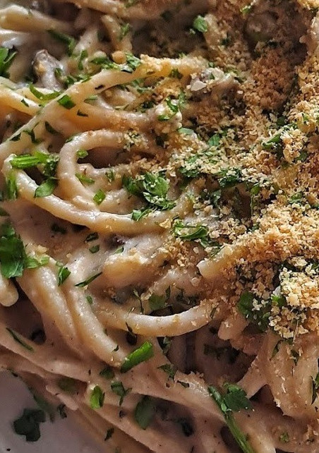 Una foto de Vegan spaghetti a la carbonara