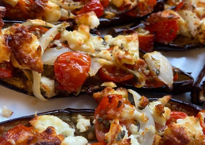 Baby Aubergines with baby plum tomatoes, onion and feta