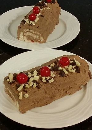 A picture of Cherry Vanilla Angel Cake Roll with Cherry Chocolate Whipped Cre.