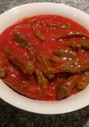 A picture of Egyptian/Lebanese Okra (Bamia) Vegan/Vegetarian.