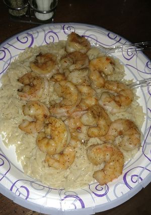 A picture of Grilled Summer Shrimps with Orzo.