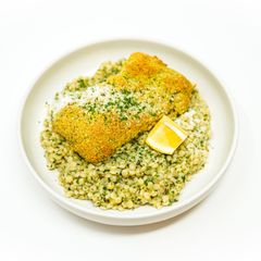 A picture of Pistachio Crusted Cod with Lemon Herb Pearl Couscous.