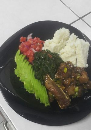A picture of Sticky pork n kienyeji greens #4weekschallenge.#authors marathon.
