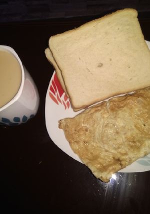 A picture of Ginger tea, omelette and bread.