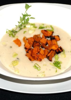 A picture of Vegan Cream of White Beans with Roasted Kabocha Squash.