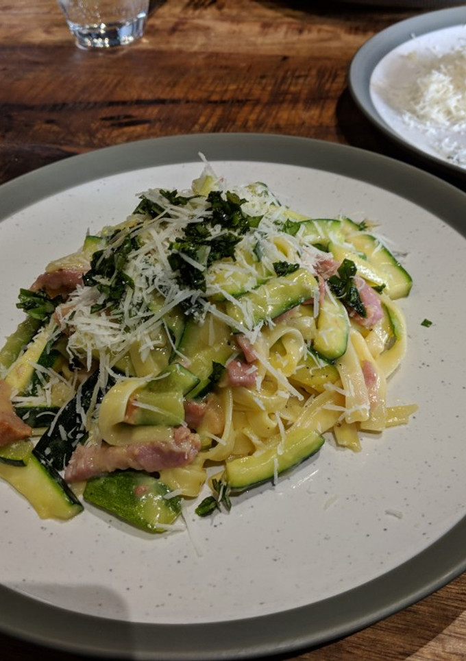 A picture of Courgette & Pancetta Penne Carbonara.