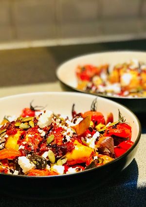 A picture of Mediterranean roast chicken and vegetables with cous cous!.