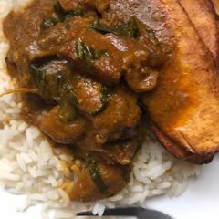 Banga Stew with White Rice and Plantain A picture of Banga Stew with White Rice and Plantain.