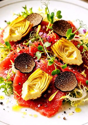 Foto di Carpaccio di Manzo con Carciofini, Tartufo e Bouquet di Erbe Miste