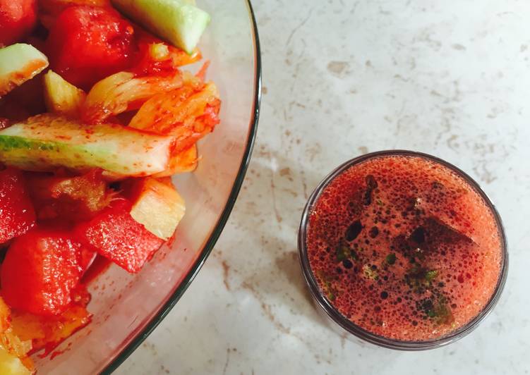 Easiest Way to Prepare Ultimate Beet Vinaigrette drizzled over a Pineapple, Watermelon and Cucumber Salad