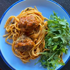 Meatballs (2 ways) in tomato sauce A picture of Meatballs (2 ways) in tomato sauce.