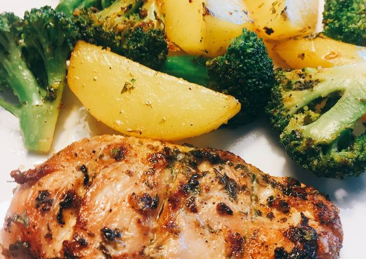 Grill chicken with sauté broccoli and potatoes