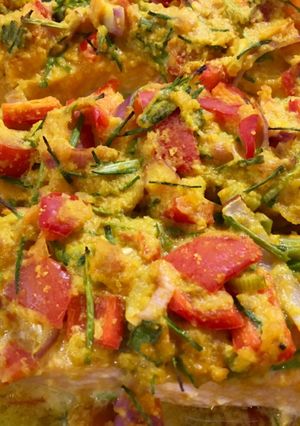 A picture of Baked salmon inspired by arsik batak toba.